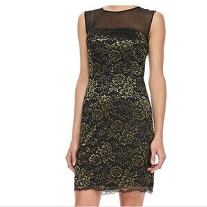 Diane von Furstenberg Black with Gold Metallic Lace Nisha Cocktail Sheath Dress